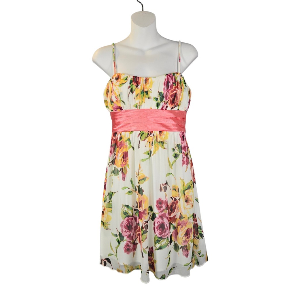 City Triangles Floral Mini Dress Pink Yellow Rose‎ Empire Waist Tie Back Large